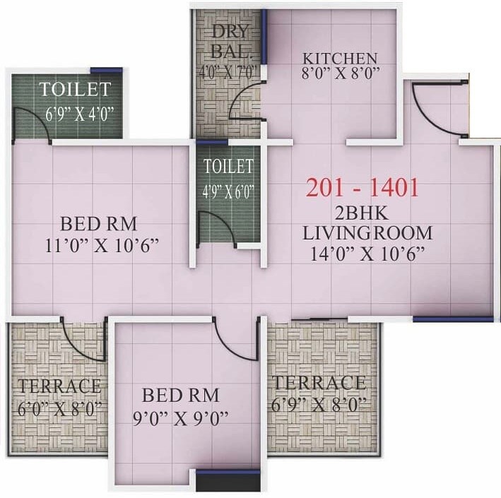 Floor plan of 2 BHK 661 Sq. Ft. Apartment in Jain Rio Greens, Pune