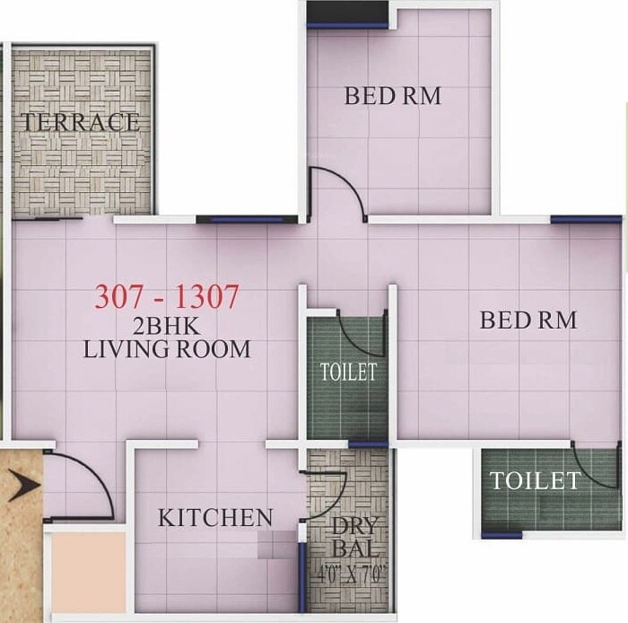 Floor plan of 2 BHK 789 Sq. Ft. Apartment in Jain Rio Greens, Pune