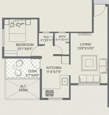 Floor plan of 1 BHK 339 Sq. Ft. Apartment in Jay Ganesh Royal Bliss, Pune