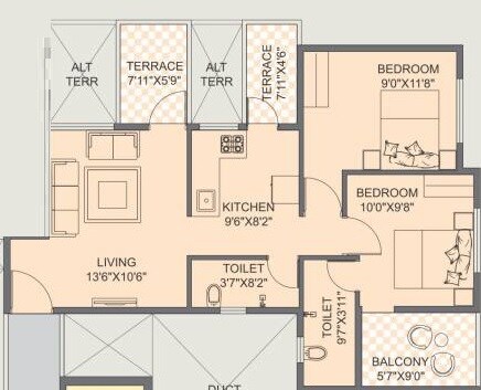 Floor plan of 2 BHK 366 Sq. Ft. Apartment in Jay Ganesh Royal Bliss, Pune
