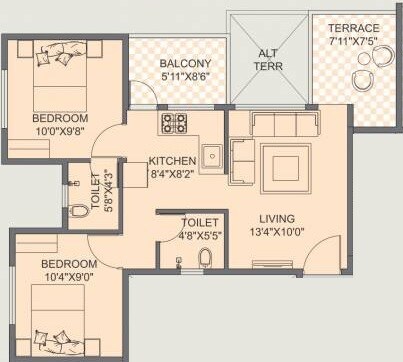 Floor plan of 2 BHK 418 Sq. Ft. Apartment in Jay Ganesh Royal Bliss, Pune