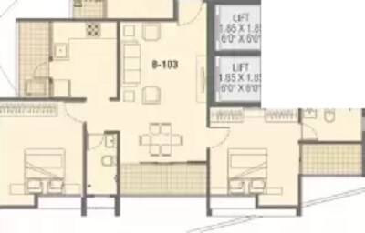 Floor plan of 2 BHK 1047 Sq. Ft. Apartment in JD Gaatha, Pune