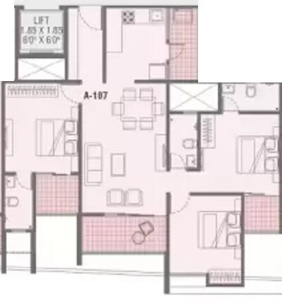 Floor plan of 3 BHK 1972 Sq. Ft. Apartment in JD Gaatha, Pune