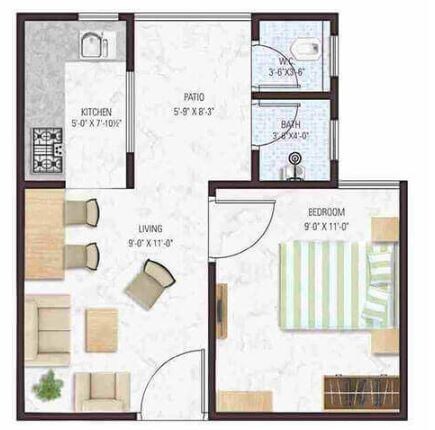 Floor plan of 1 BHK 420 Sq. Ft. Apartment in JD Green Paradise B Wing, Pune