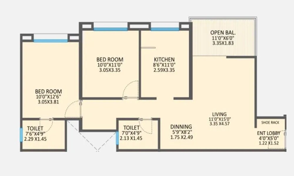 Floor plan of 2 BHK 798 Sq. Ft. Apartment in Jethani Trinity Grace, Pune