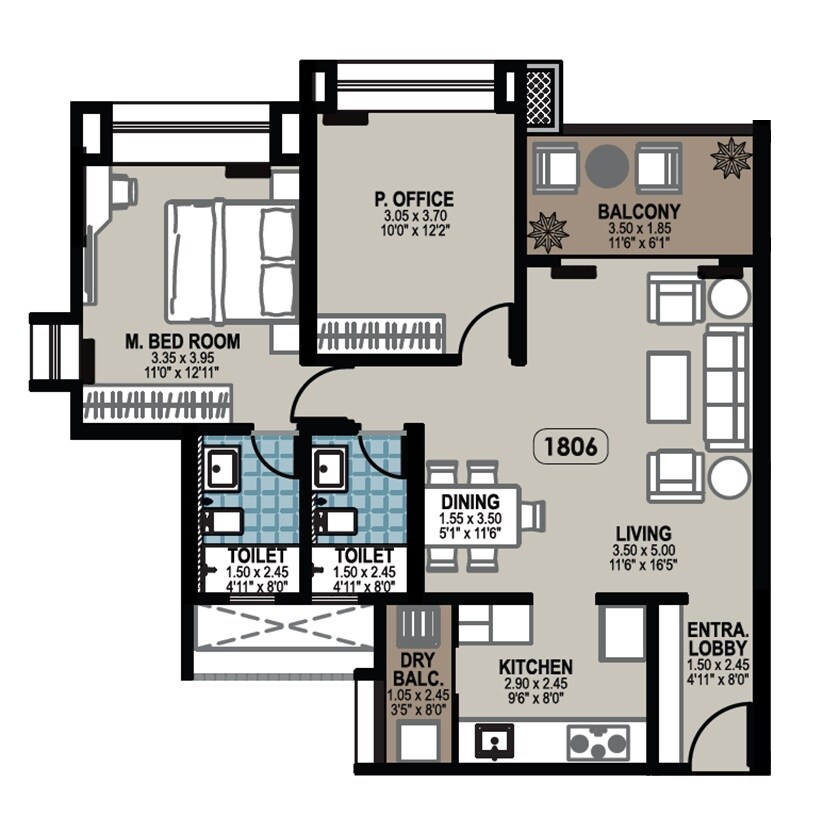 Floor plan of 2 BHK 865 Sq. Ft. Apartment in Jhala Mayuk, Pune