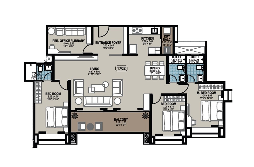 Floor plan of 3 BHK 1365 Sq. Ft. Apartment in Jhala Mayuk, Pune