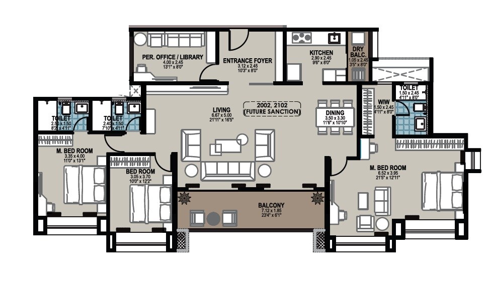 Floor plan of 3 BHK 1678 Sq. Ft. Apartment in Jhala Mayuk, Pune