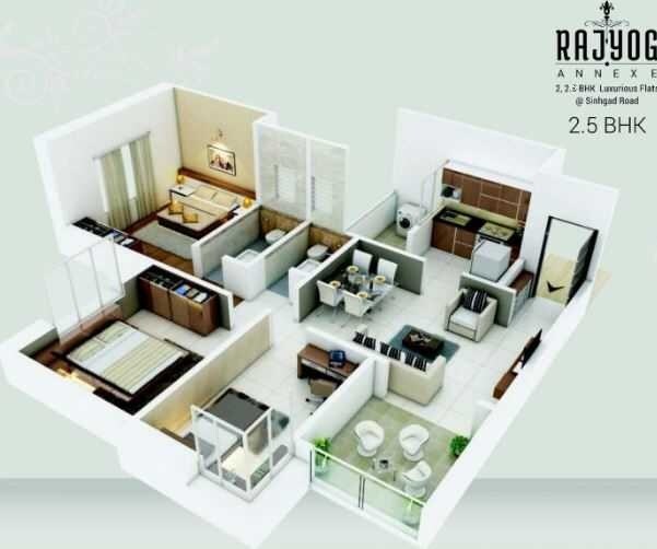 Floor plan of 2 BHK 651 Sq. Ft. Apartment in Jhala Rajyog Annexe, Pune