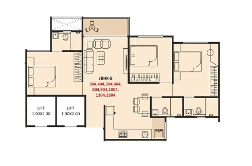 Floor plan of 3 BHK 1175 Sq. Ft. Apartment in Jhamtani Ace Abode, Pune