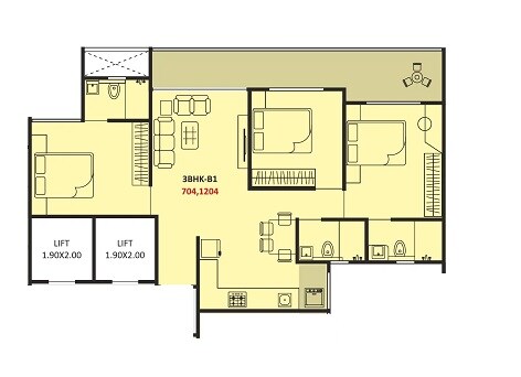 Floor plan of 3 BHK 985 Sq. Ft. Apartment in Jhamtani Ace Abode, Pune