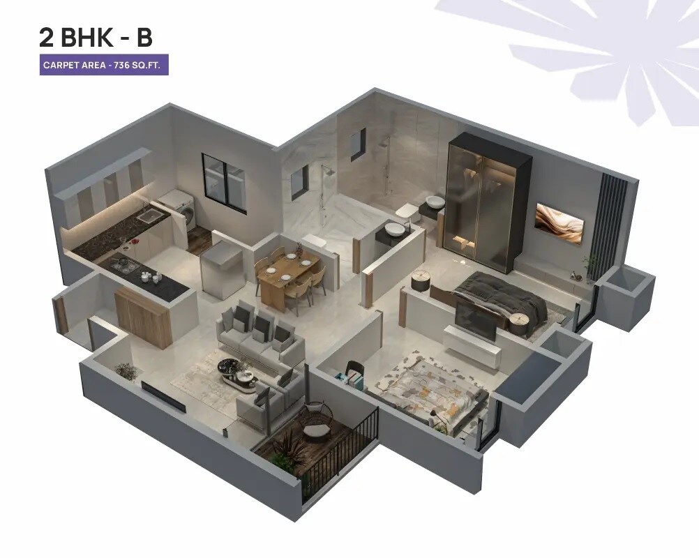 Floor plan of 2 BHK 736 Sq. Ft. Apartment in Jhamtani Ace Aster, Pune