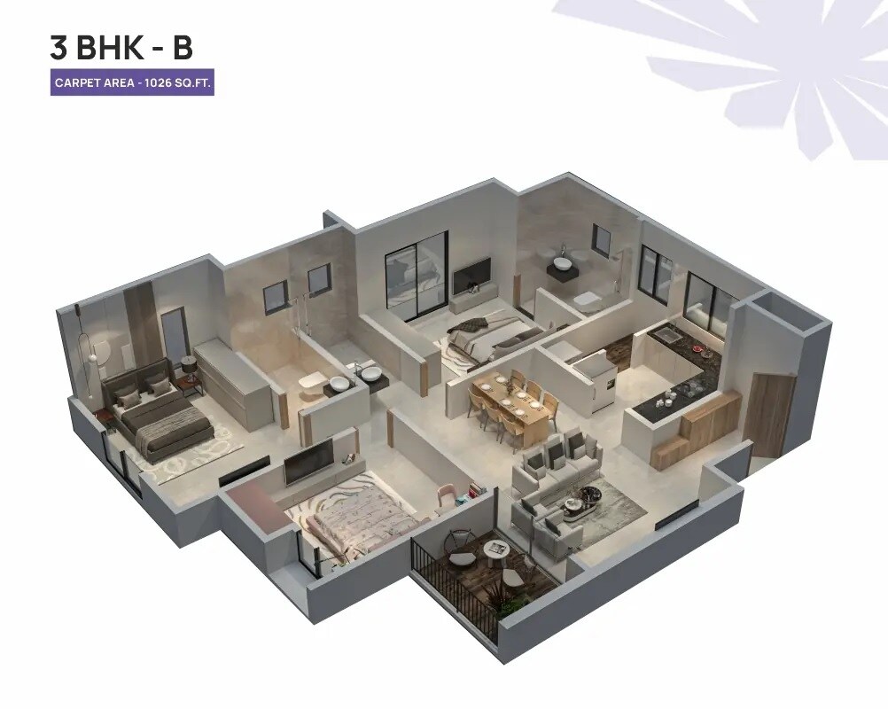 Floor plan of 3 BHK 1026 Sq. Ft. Apartment in Jhamtani Ace Aster, Pune