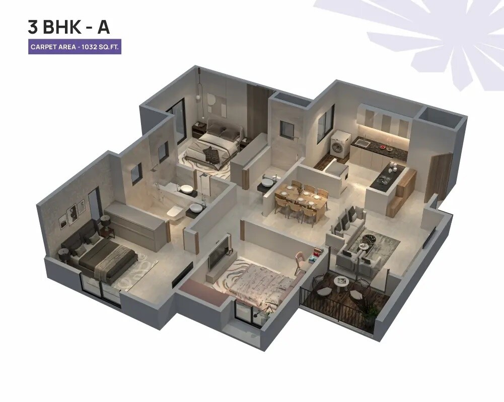 Floor plan of 3 BHK 1032 Sq. Ft. Apartment in Jhamtani Ace Aster, Pune