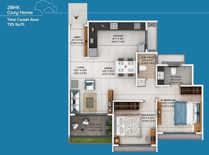 Floor plan of 2 BHK 725 Sq. Ft. Apartment in Jhamtani Ace Atmosphere, Pune