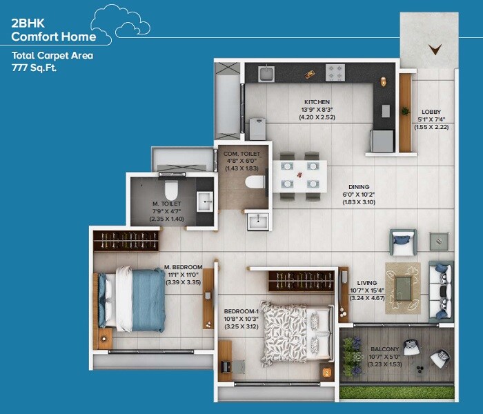 Floor plan of 2 BHK 781 Sq. Ft. Apartment in Jhamtani Ace Atmosphere, Pune