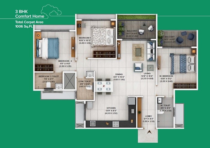 Floor plan of 3 BHK 1006 Sq. Ft. Apartment in Jhamtani Ace Atmosphere, Pune