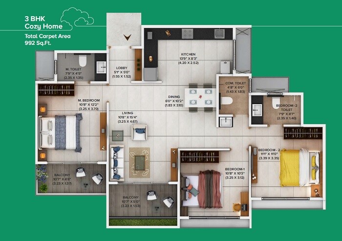 Floor plan of 3 BHK 992 Sq. Ft. Apartment in Jhamtani Ace Atmosphere, Pune