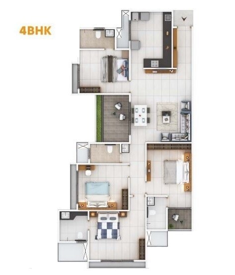 Floor plan of 4 BHK 1337 Sq. Ft. Apartment in Jhamtani Ace Atmosphere, Pune