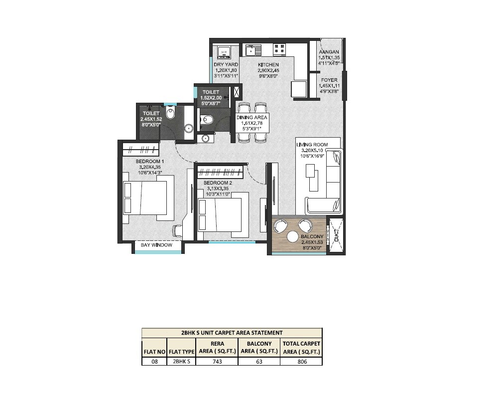 Floor plan of 2 BHK 806 Sq. Ft. Apartment in Jhamtani Ace Ayodhya, Pune