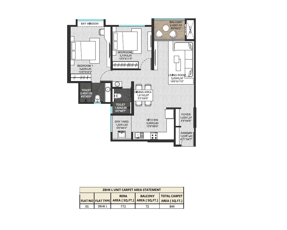 2 BHK 844 Sq. Ft. Apartment