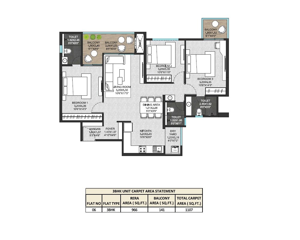 3 BHK 1107 Sq. Ft. Apartment