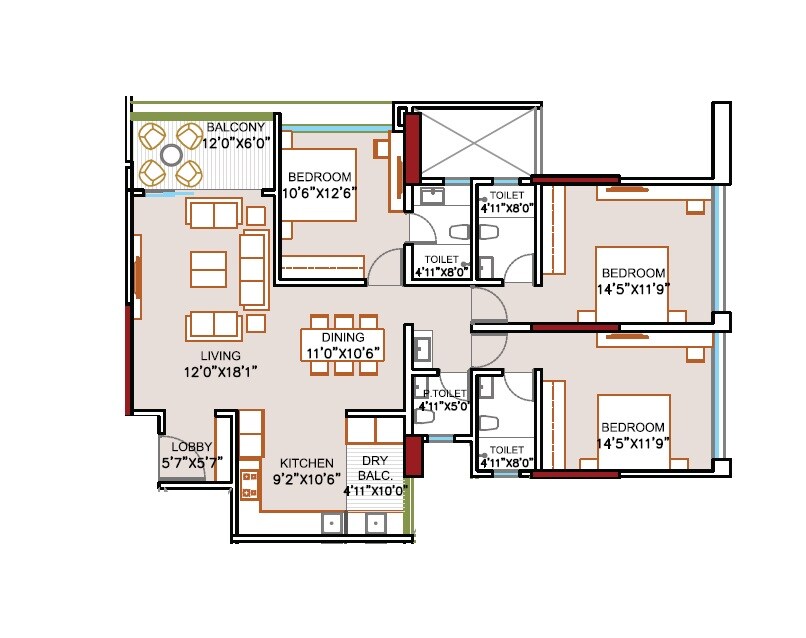 Floor plan of 3 BHK 1200 Sq. Ft. Apartment in Jhamtani Nandan Ace, Pune