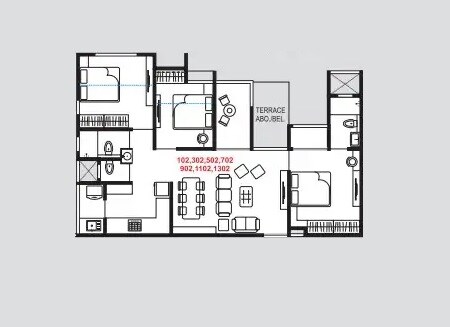Floor plan of 3 BHK 641 Sq. Ft. Apartment in Jhamtani Vision Ace Phase 2, Pune