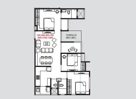 Floor plan of 3 BHK 644 Sq. Ft. Apartment in Jhamtani Vision Ace Phase 2, Pune