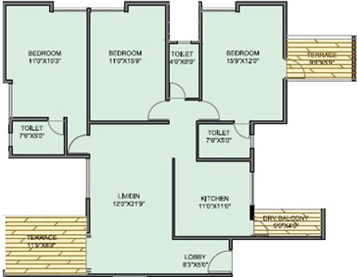 Floor plan of 3 BHK 1740 Sq. Ft. Apartment in Jitendra Punyai, Pune