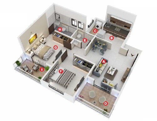 Floor plan of 2 BHK 649 Sq. Ft. Apartment in JK Dhruvaa, Pune