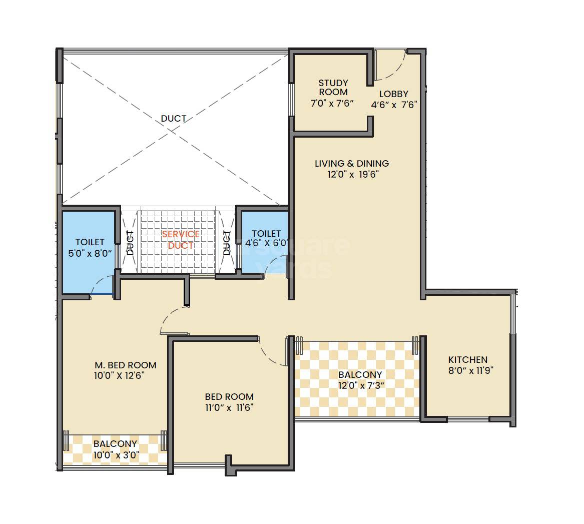 Floor plan of 2 BHK 800 Sq. Ft. Apartment in JK Sahadeo Polaris, Pune