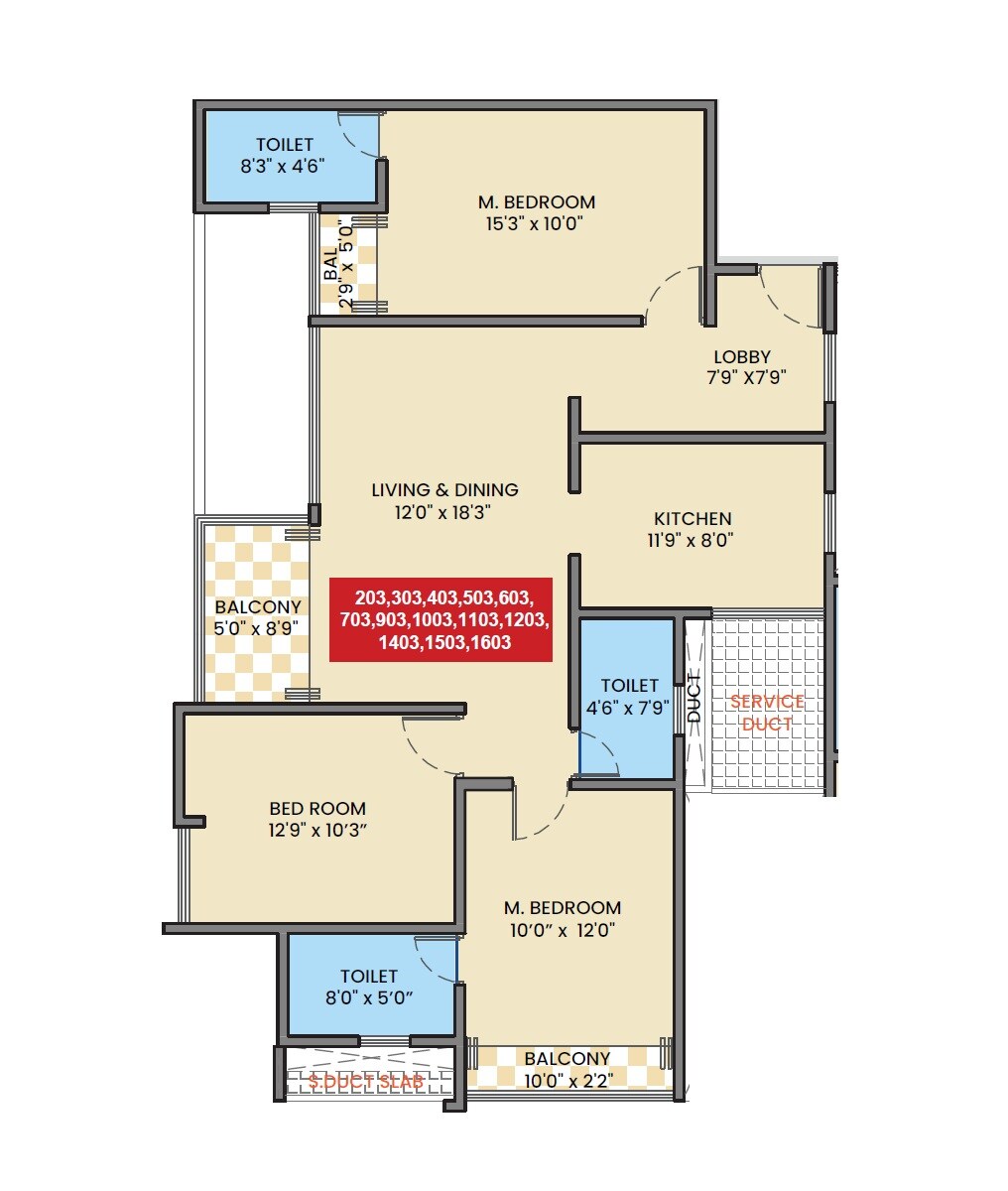 Floor plan of 3 BHK 1068 Sq. Ft. Apartment in JK Sahadeo Polaris, Pune