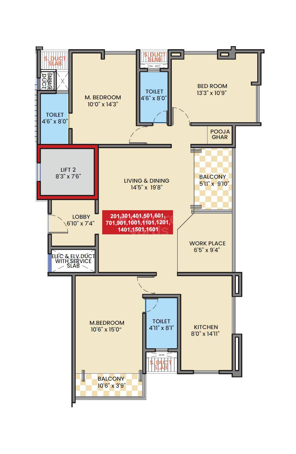 Floor plan of 3 BHK 1296 Sq. Ft. Apartment in JK Sahadeo Polaris, Pune