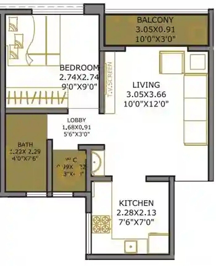 Floor plan of 1 BHK Apartment - 368 sq. ft. in Jogeshwari Ishanya Srushti, Pune