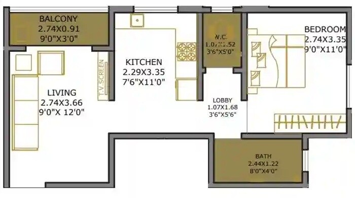 Floor plan of 1 BHK Apartment - 410 sq. ft. in Jogeshwari Ishanya Srushti, Pune