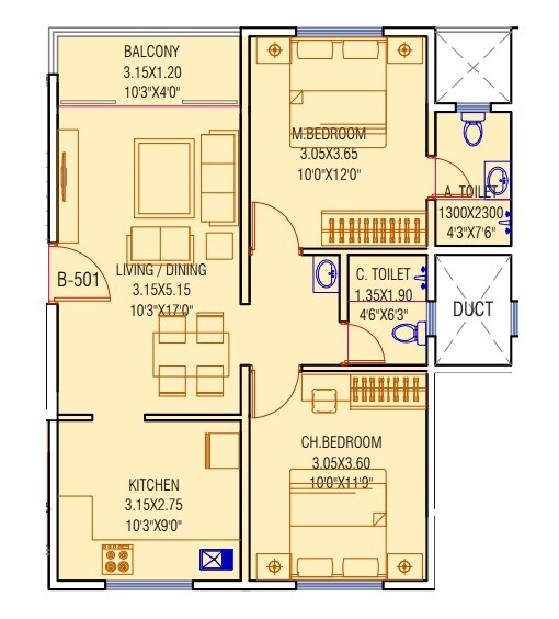 Floor plan of 2 BHK 677 Sq. Ft. Apartment in Joshi Aashish, Pune