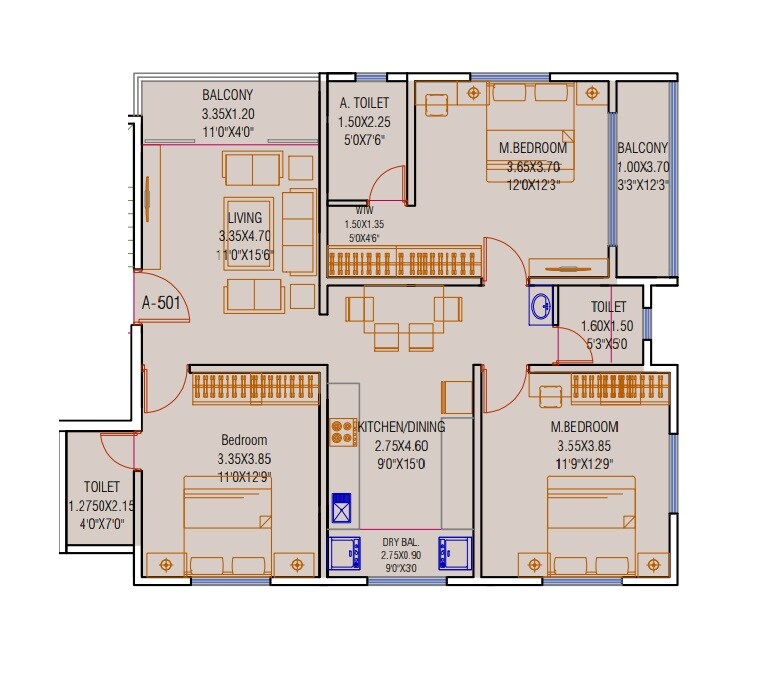 Floor plan of 3 BHK 1023 Sq. Ft. Apartment in Joshi Aashish, Pune