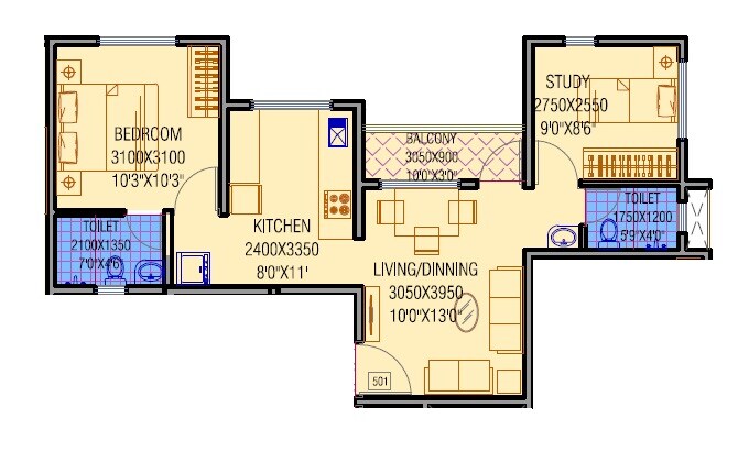Floor plan of 2 BHK 850 Sq. Ft. Apartment in Joshi Dwarkakunj, Pune