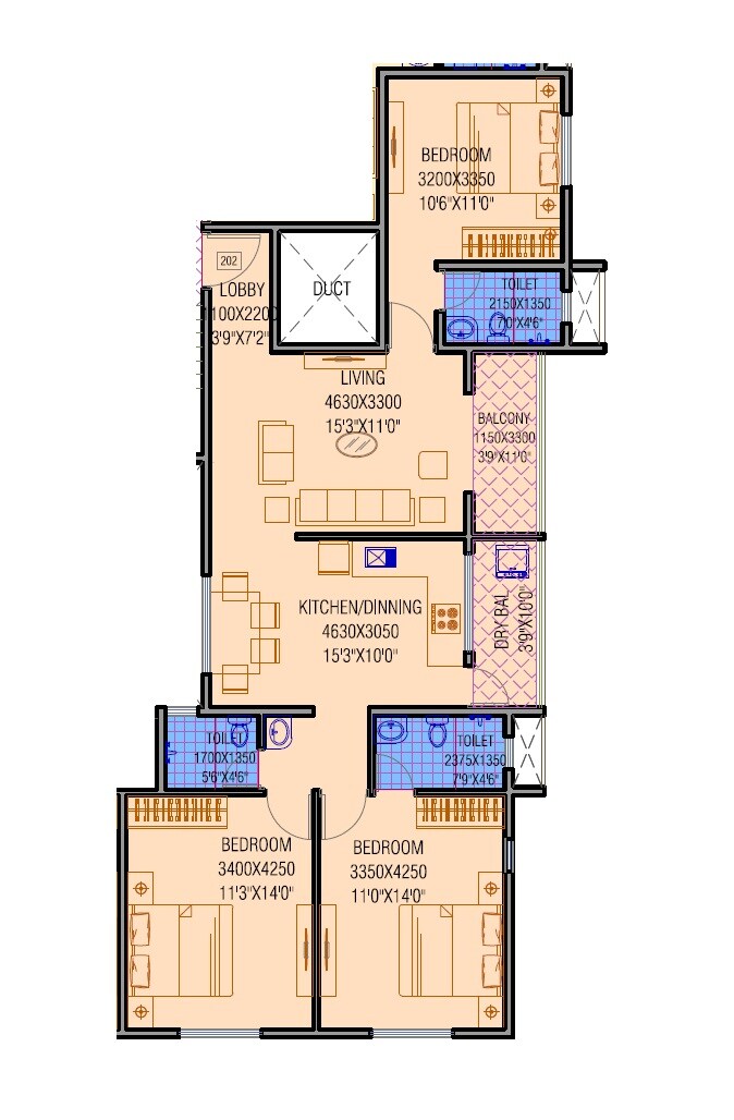 Floor plan of 3 BHK 1020 Sq. Ft. Apartment in Joshi Dwarkakunj, Pune