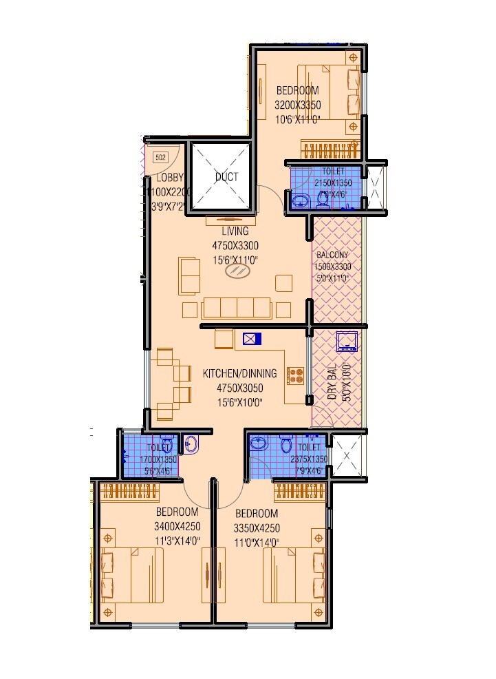 Floor plan of 3 BHK 1052 Sq. Ft. Apartment in Joshi Dwarkakunj, Pune