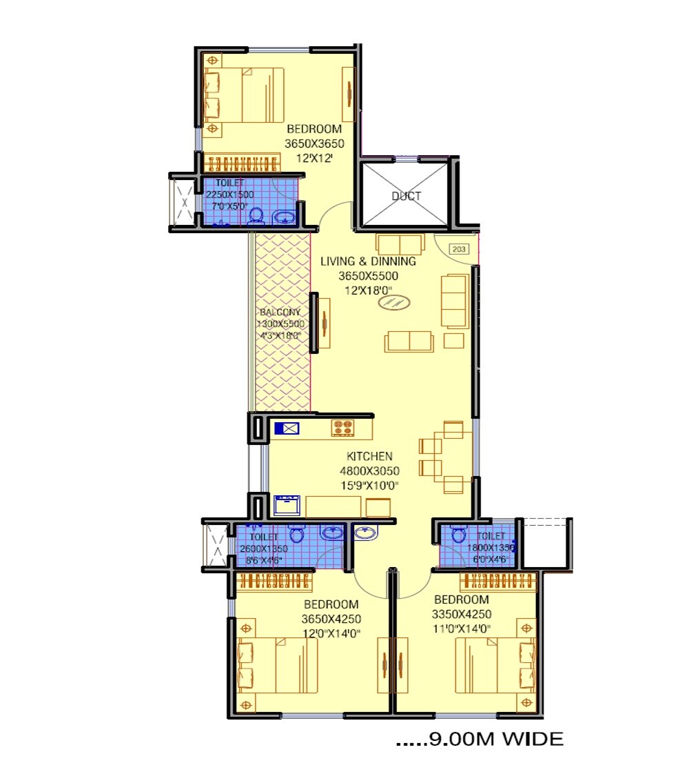 Floor plan of 3 BHK 1102 Sq. Ft. Apartment in Joshi Dwarkakunj, Pune