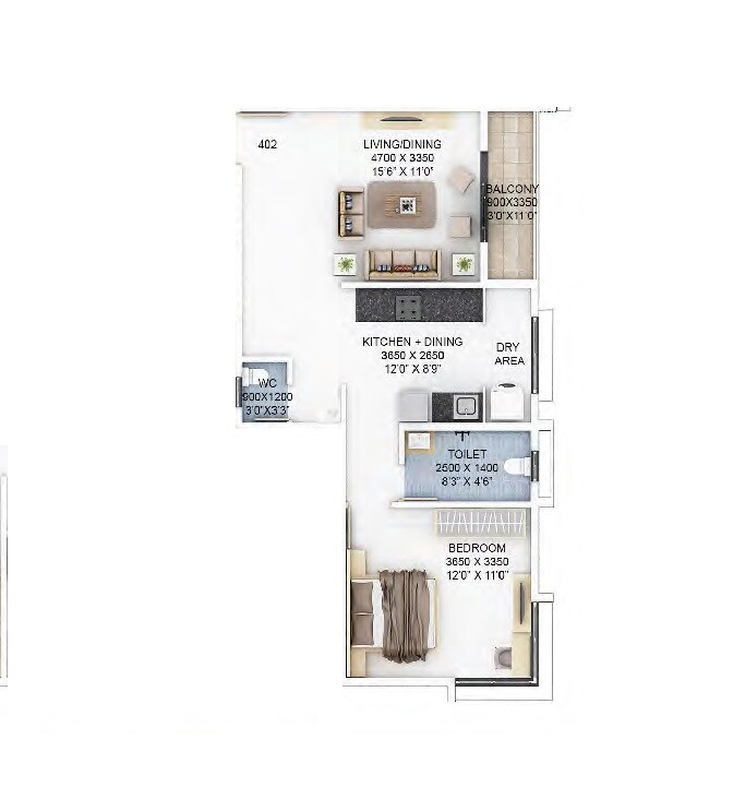 Floor plan of 1 BHK 550 Sq. Ft. Apartment in Joshi Geetanjali, Pune