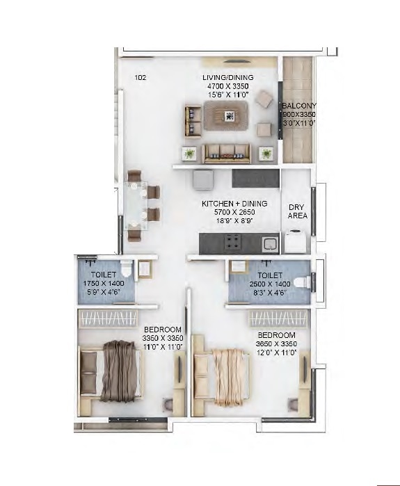 2 BHK 759 Sq. Ft. Apartment