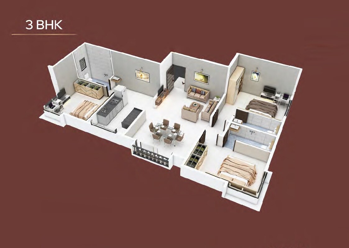 Floor plan of 3 BHK 1024 Sq. Ft. Apartment in Joshi Geetanjali, Pune