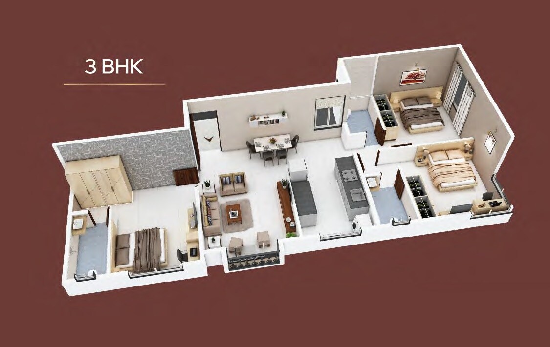 Floor plan of 3 BHK 772 Sq. Ft. Apartment in Joshi Geetanjali, Pune