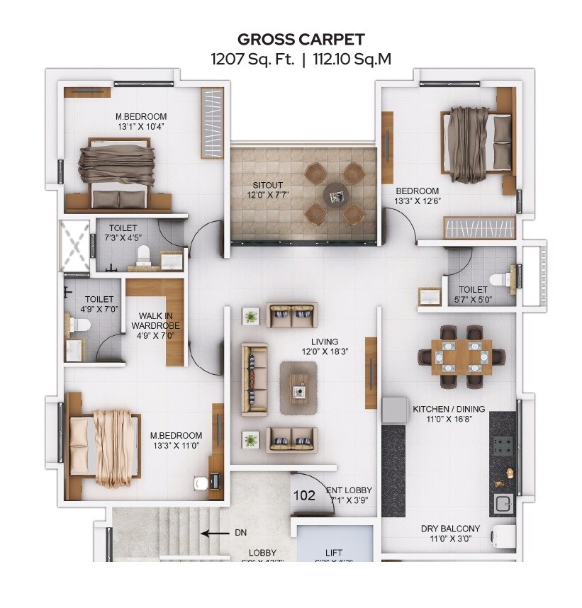 Floor plan of 3 BHK 1207 Sq. Ft. Apartment in Joshi Kalpana, Pune