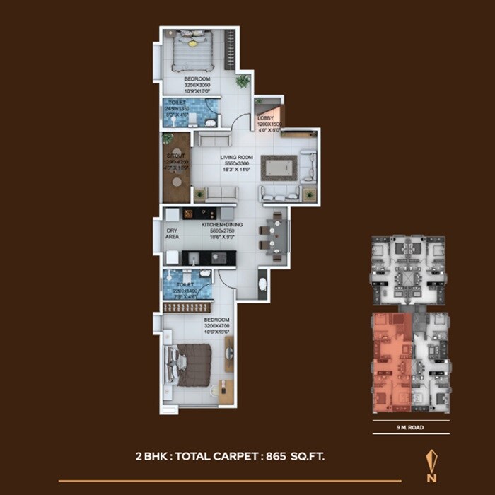 Floor plan of 2 BHK 865 Sq. Ft. Apartment in Joshi Rajhans, Pune