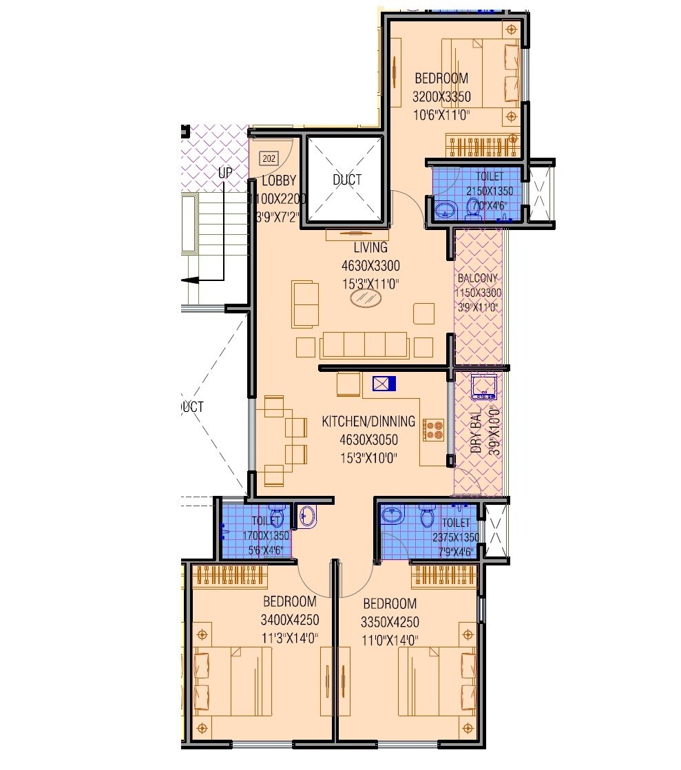 Floor plan of 3 BHK 1029 Sq. Ft. Apartment in Joshi Rajhans, Pune