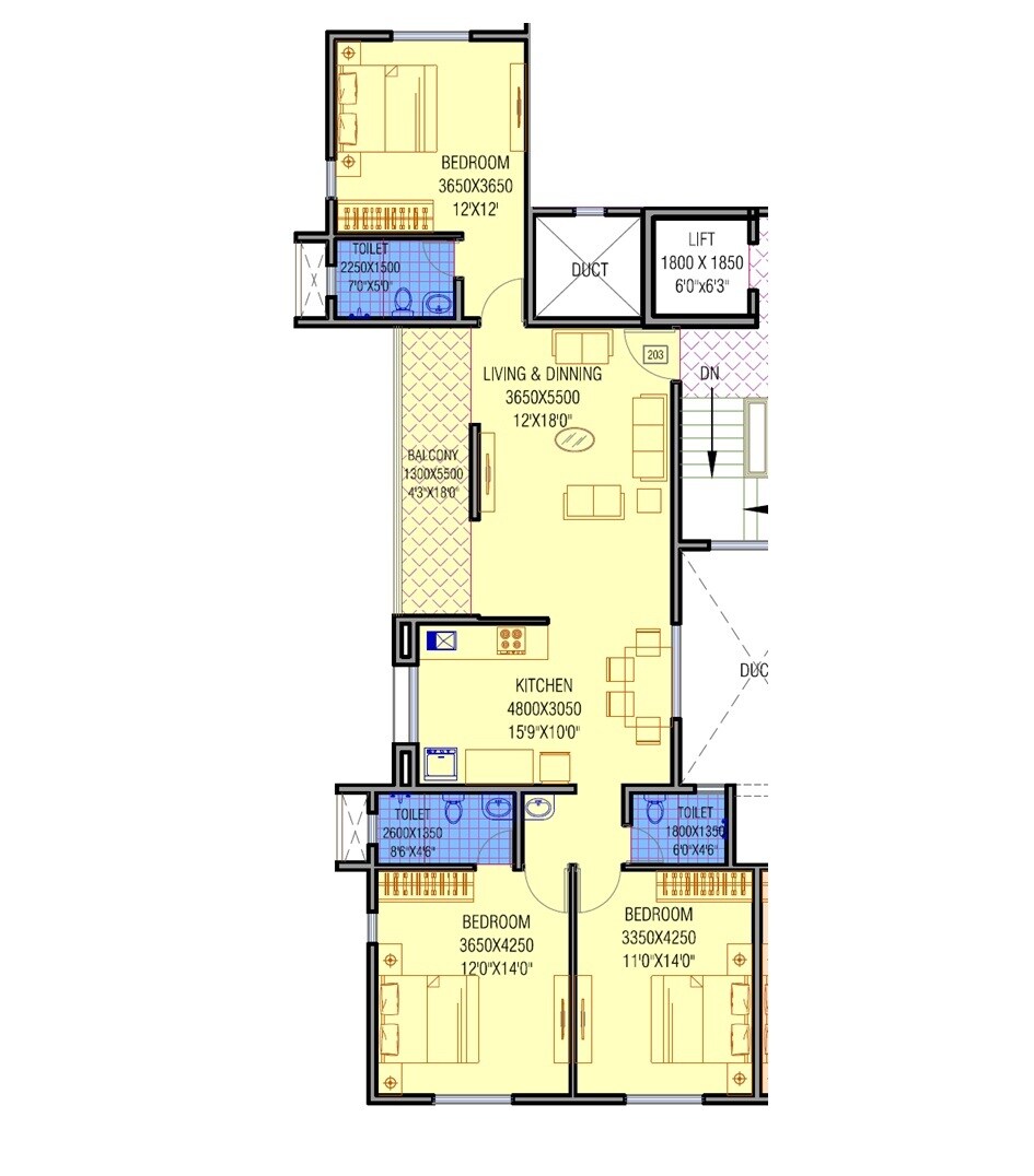 Floor plan of 3 BHK 1058 Sq. Ft. Apartment in Joshi Rajhans, Pune